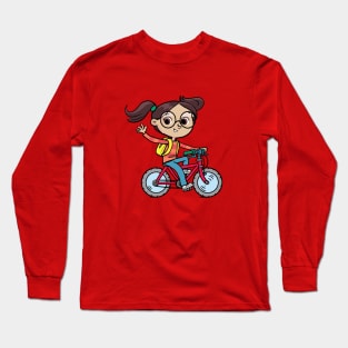 cheerful girl rides a bicycle and waves Long Sleeve T-Shirt